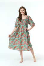 Load image into Gallery viewer, Arabella Green with Orange Print Shirred Bodice Short Sleeve Nightie