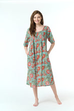 Load image into Gallery viewer, Arabella Green with Orange Print Shirred Bodice Short Sleeve Nightie