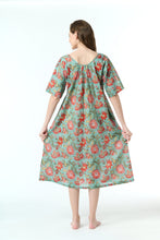 Load image into Gallery viewer, Arabella Green with Orange Print Shirred Bodice Short Sleeve Nightie