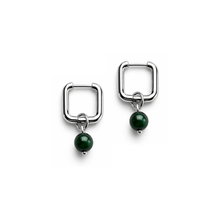 Load image into Gallery viewer, Fabuleux Vous Steel Me Silver Square Huggies with Green Tiger's Eye