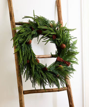 Load image into Gallery viewer, French Country Collections Mixed Pine Wreath Brown Velvet Bows & Bells