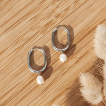 Load image into Gallery viewer, Fabuleux Vous Steel Me Silver with Fresh Water Pearl Oblong Huggies