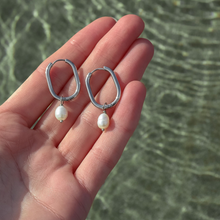 Load image into Gallery viewer, Fabuleux Vous Steel Me Silver with Fresh Water Pearl Oblong Huggies