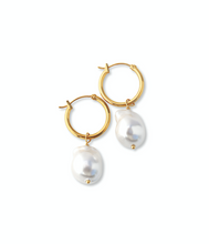 Load image into Gallery viewer, Fabuleux Vous Steel Me Yellow Gold Baroque Pearl Hoop Earrings