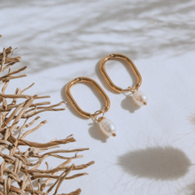 Load image into Gallery viewer, Fabuleux Vous Steel Me Yellow Gold with Fresh Water Pearl Huggies