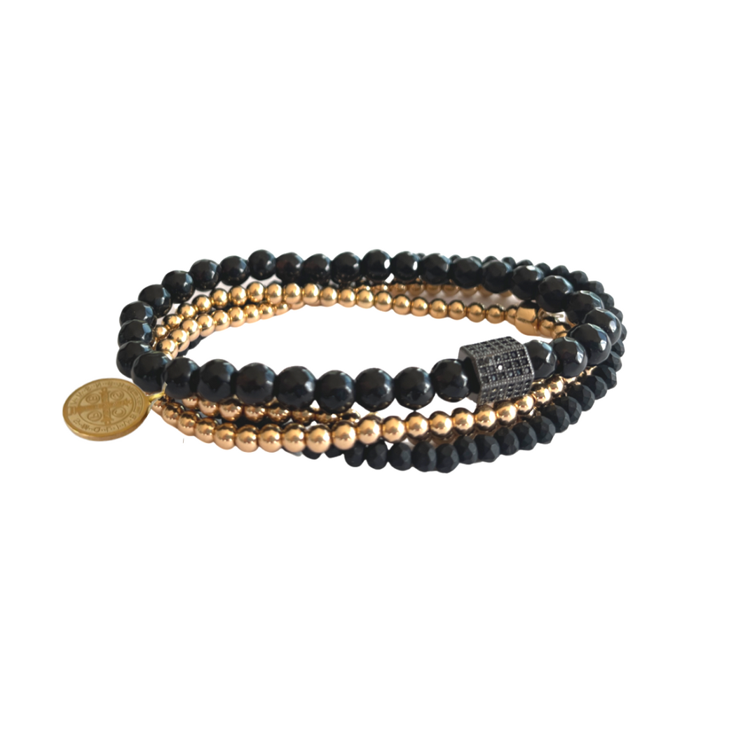 Lindi Kingi Beaded Bracelet Luxe Gold and Black with Charm