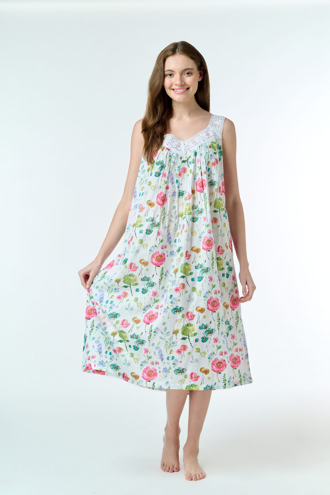 Arabella White with Floral Print Laced V Neck Nightie