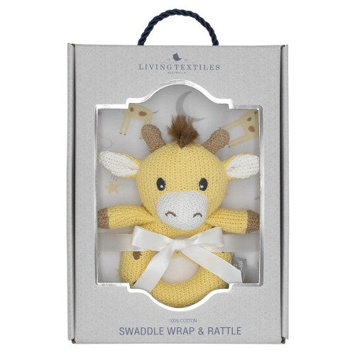 Living Textiles Jersey Swaddle & Rattle Gift Set- Noah/Giraffe