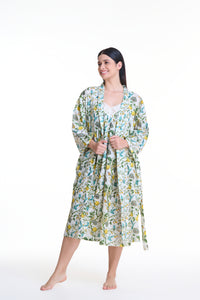 Arabella White with Lemon Print Dressing Gown/Robe