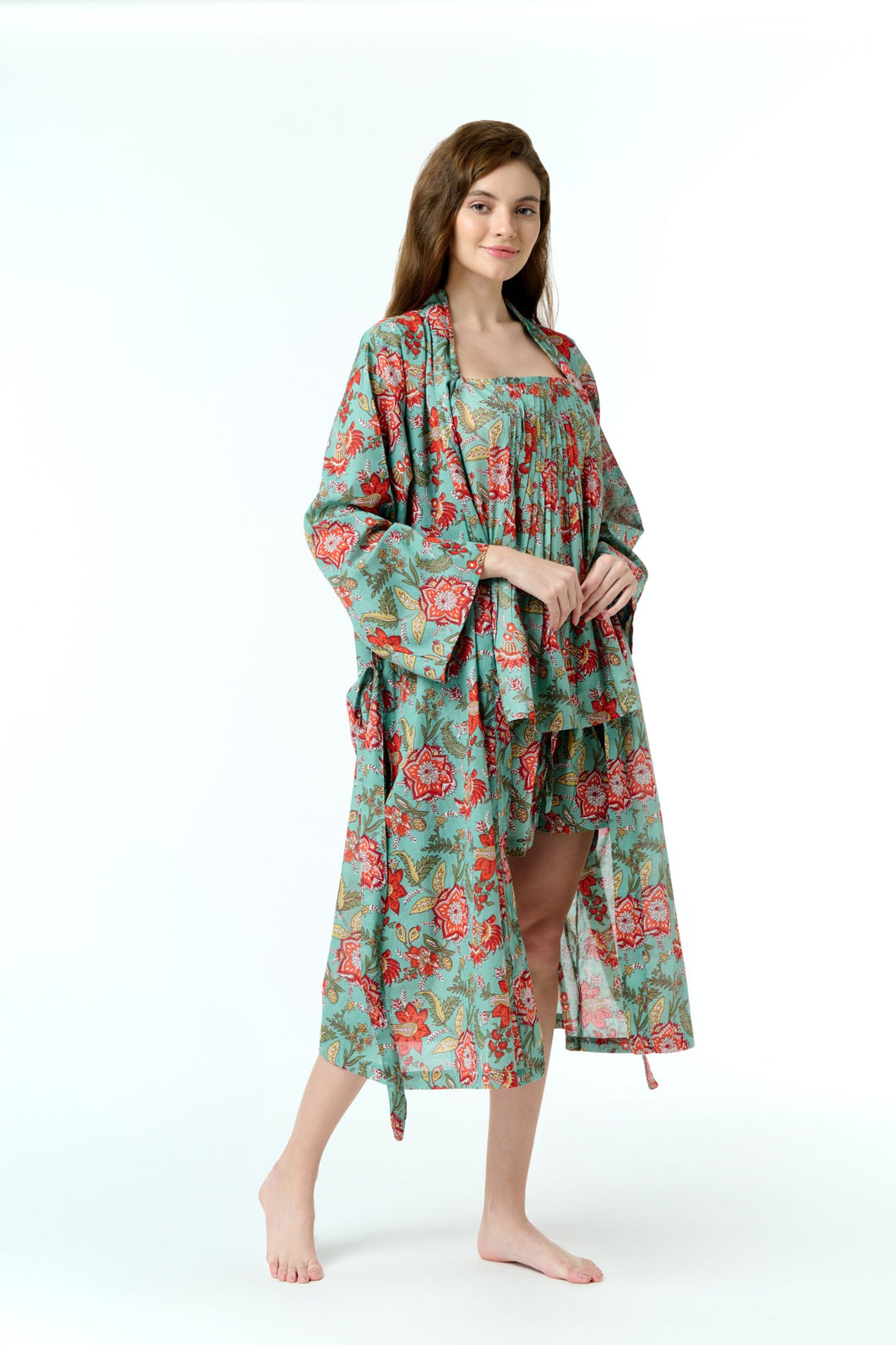 Arabella Green with Orange Print Dessing Gown/Robe