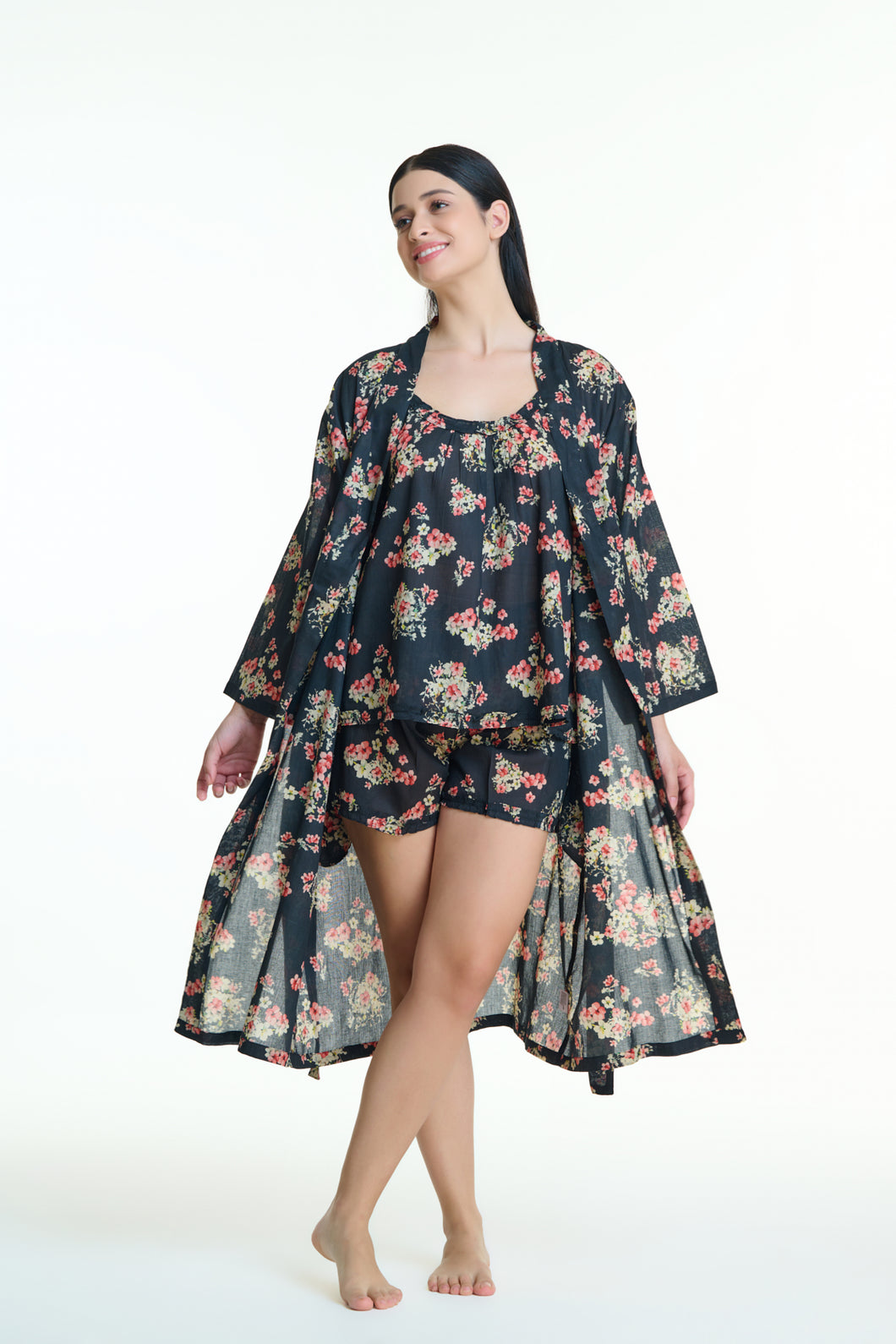 Arabella Black with Floral Dressing Gown/Robe