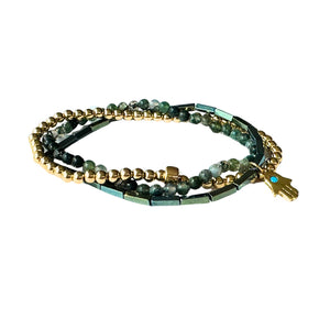 Lindi Kingi Beaded Bracelet Set Moss Agate/Gold