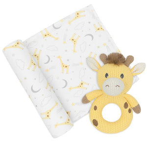 Living Textiles Jersey Swaddle & Rattle Gift Set- Noah/Giraffe