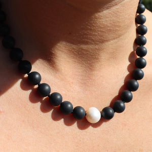 Fabuleux Vous Black Onyx, Pearl & Silver Fob Necklace