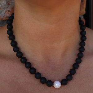 Fabuleux Vous Black Onyx, Pearl & Silver Fob Necklace