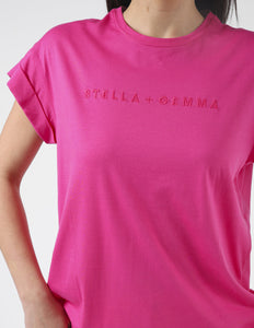 Stella & Gemma Cuff Sleeve T-Shirt- Cerise Pink Embroided Logo