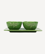 Load image into Gallery viewer, French Country Collections Dragonfly Stoneware Green 3 piece Condiment Set
