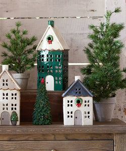 French Country Collections Christmas Tea Light House Blue with Wreath Small