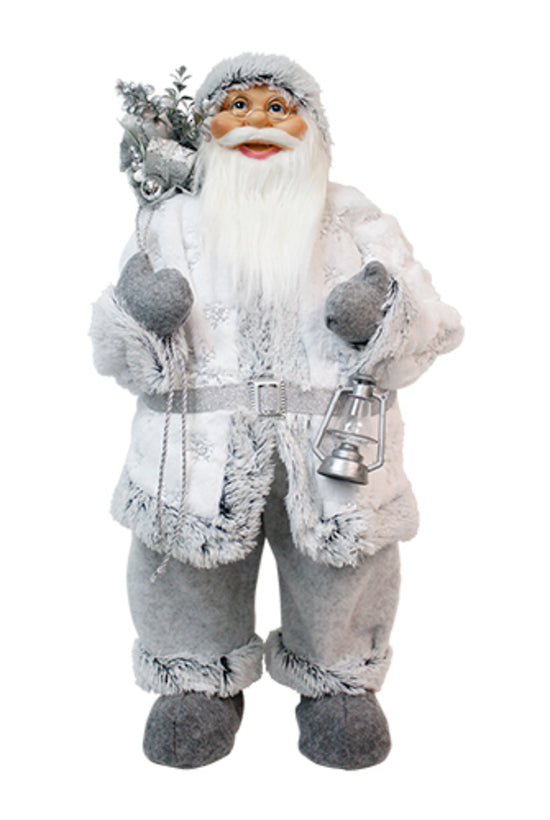 Flower Systems Santa with White/Grey Faux Fur Suit with Gift Bag & Lantern 80cm