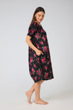 Load image into Gallery viewer, Arabella Black with Pink Flowers Short Sleeve Shirred Bodice Nightie
