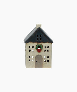 French Country Collections Christmas Tea Light House Blue with Wreath Small