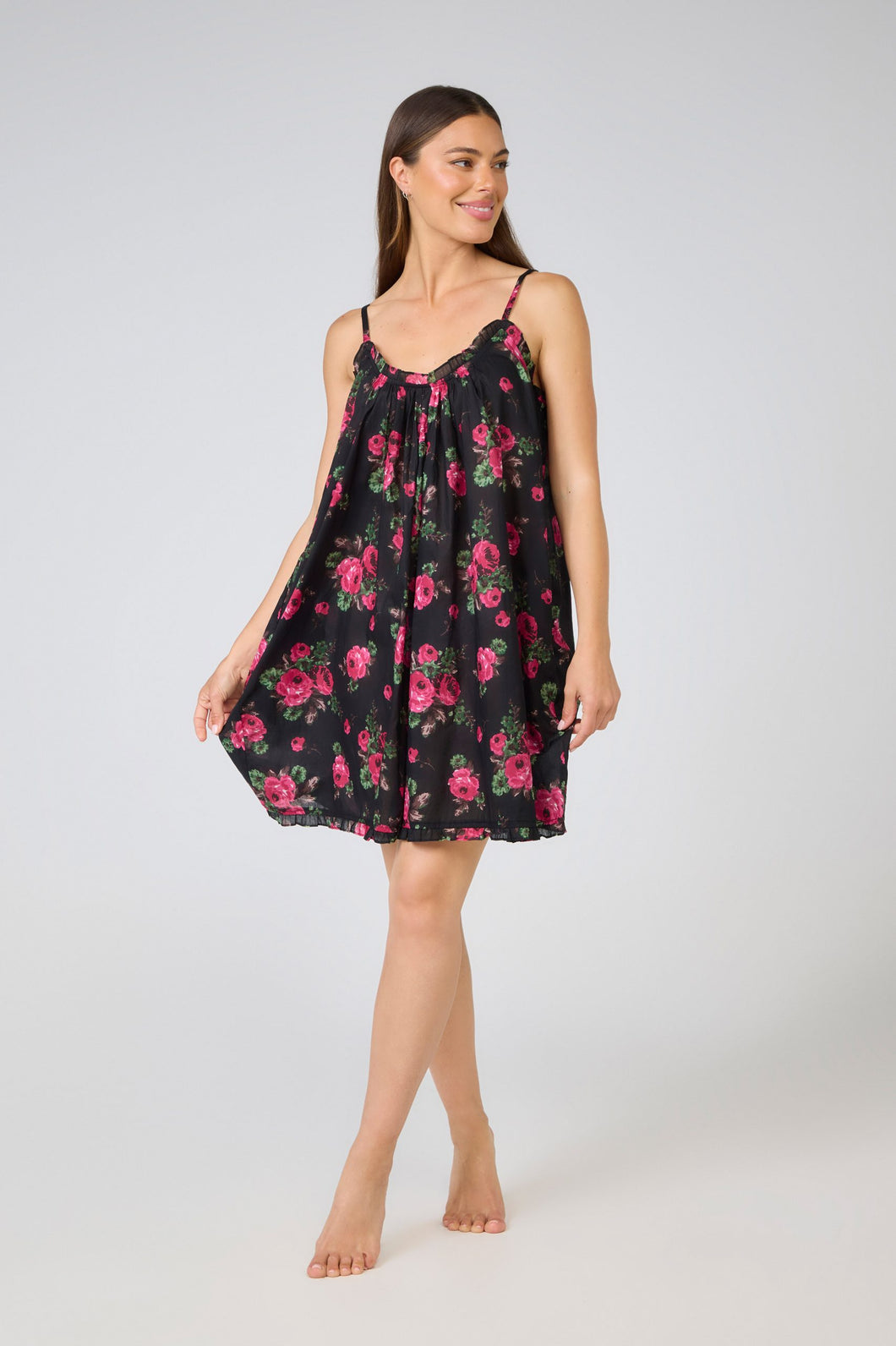 Arabella Black with Pink Flowers Short Nightie
