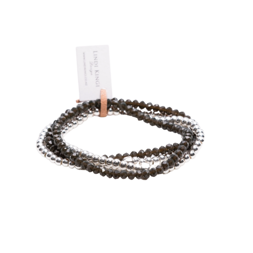 Lindi Kingi Beaded Bracelett Set Olive & Silver