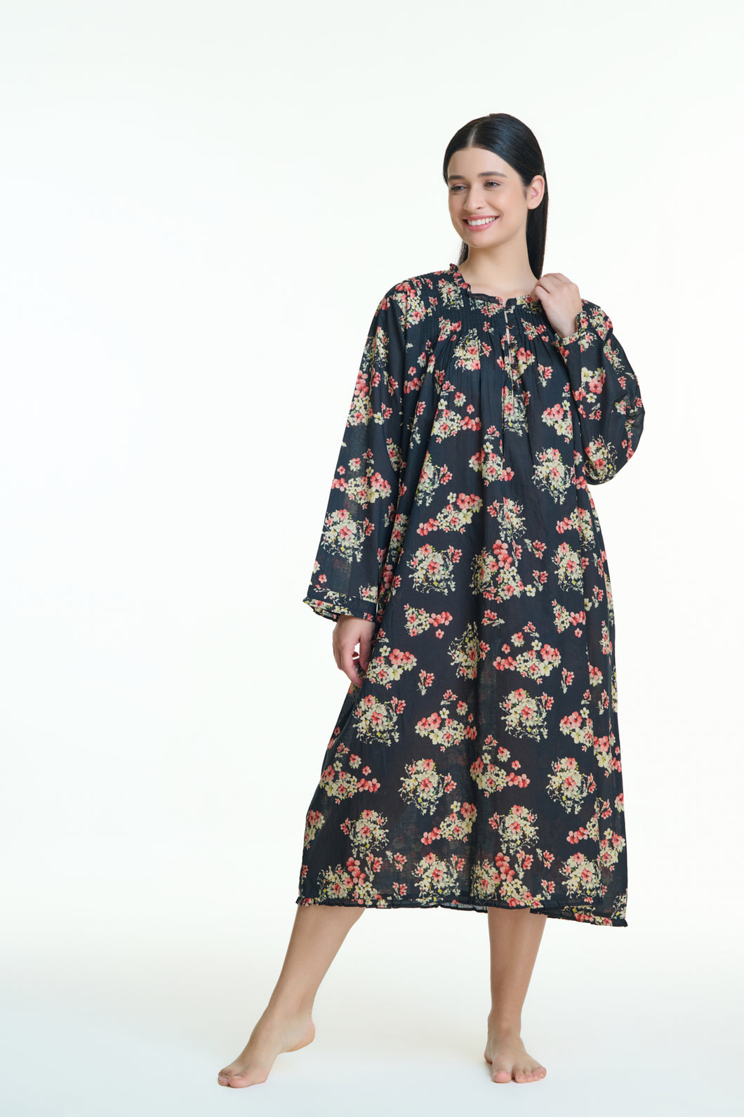 Arabella Black with Floral Long Sleeve Nightie