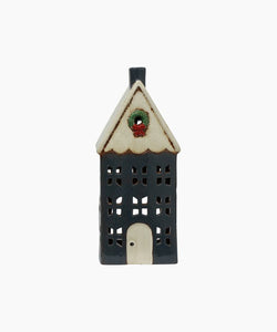 French Country Collections Christmas Tea Light House Blue with Wreath Large