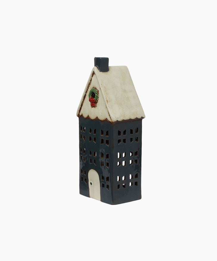 French Country Collections Christmas Tea Light House Blue with Wreath Large