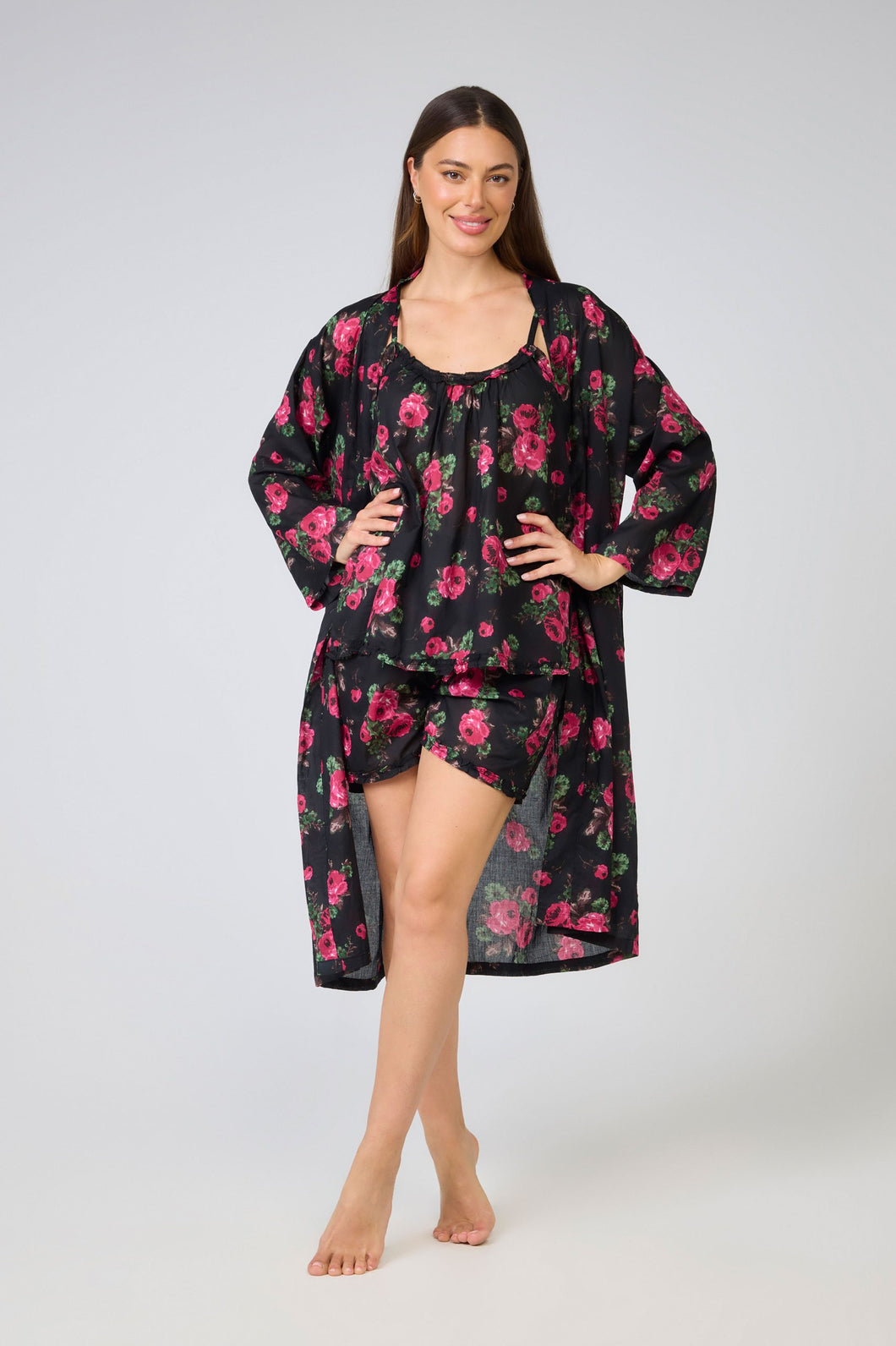 Arabella Black with Pink Flowers Dressing Gown