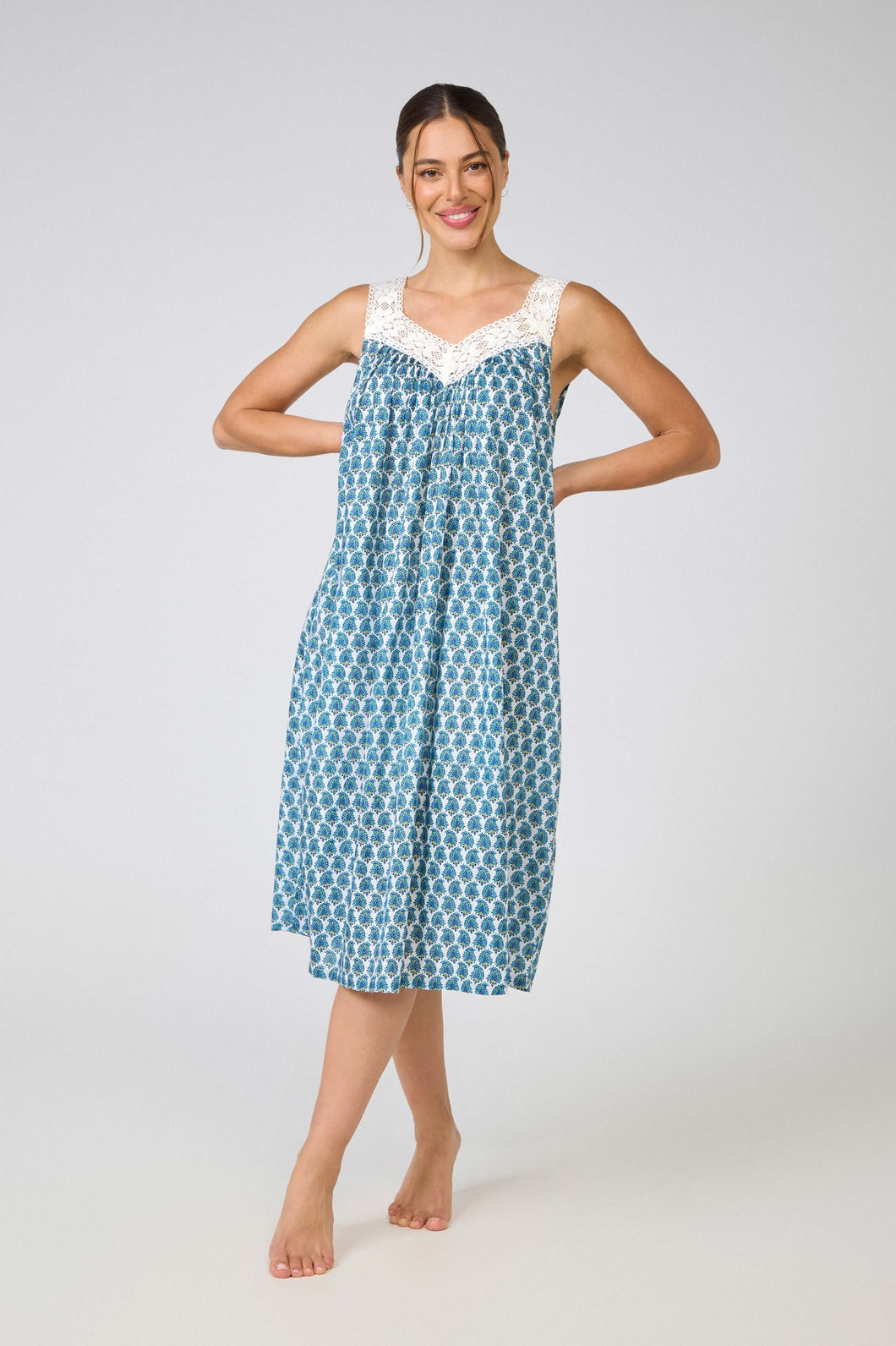 Arabella Printed Blue V Neck Laced Nightie