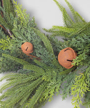 Load image into Gallery viewer, French Country Collections Mixed Pine Garland Brown Velvet Bows &amp; Bells
