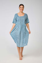 Load image into Gallery viewer, Arabella Printed Blue Shirred Bodice Short Sleeve Nightie
