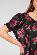 Load image into Gallery viewer, Arabella Black with Pink Flowers Short Sleeve Shirred Bodice Nightie
