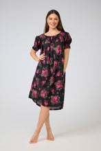 Load image into Gallery viewer, Arabella Black with Pink Flowers Short Sleeve Shirred Bodice Nightie
