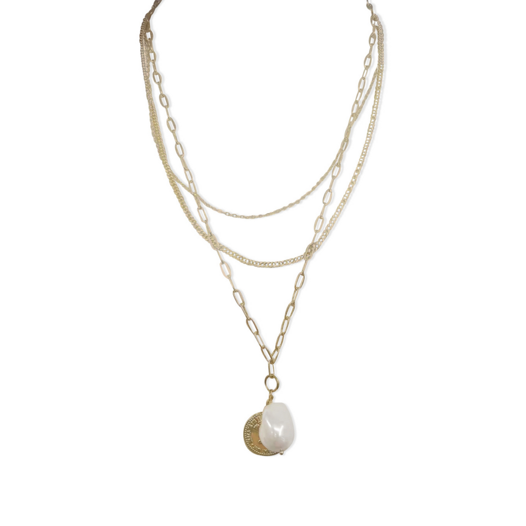 Fabuleux Vous Steel Me Yellow Gold Multi Chain Coin & Pearl Necklace