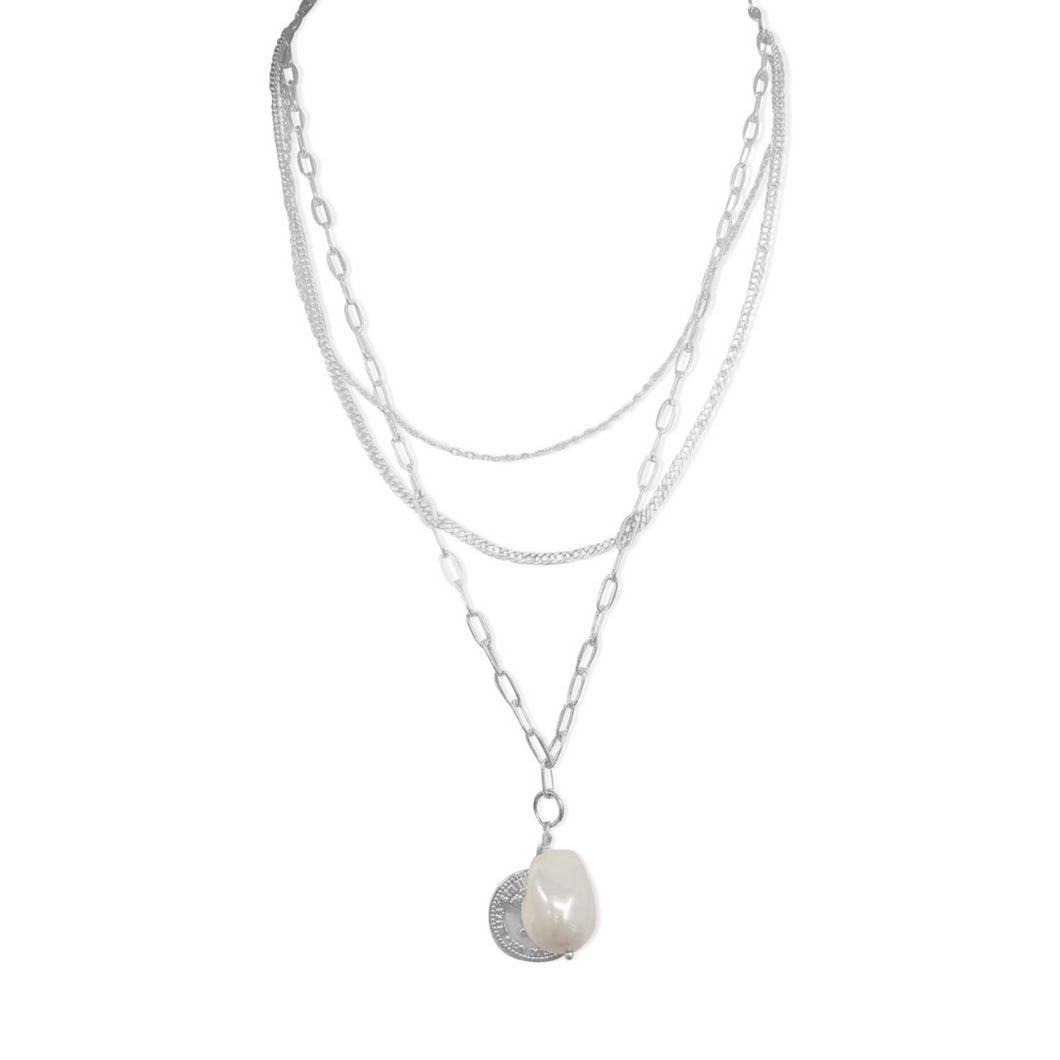 Fabuleux Vous Steel Me Multi Chain Coin Pearl Silver Necklace
