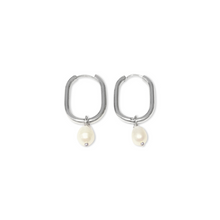 Load image into Gallery viewer, Fabuleux Vous Steel Me Silver with Fresh Water Pearl Oblong Huggies
