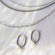 Load image into Gallery viewer, Fabuleux Vous Steel Me Silver with Fresh Water Pearl Oblong Huggies
