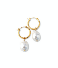 Load image into Gallery viewer, Fabuleux Vous Steel Me Yellow Gold Baroque Pearl Hoop Earrings
