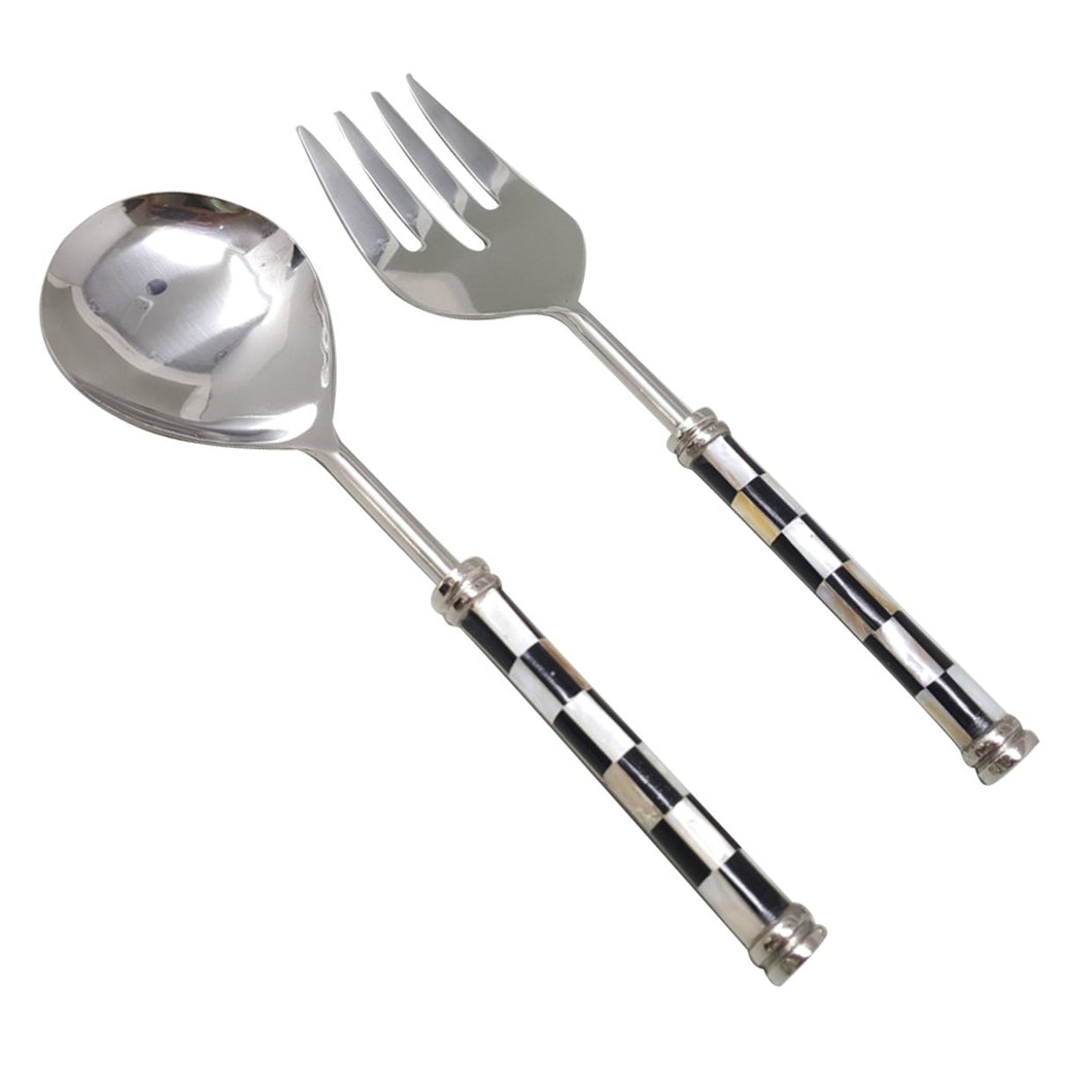 CC Interiors Checker Black and White Stainless Steel and Bone Salad Servers